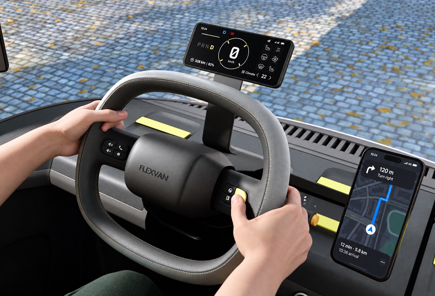Poste de conduite d’un utilitaire électrique de livraison, avec écran d’instrumentation et smartphone de navigation